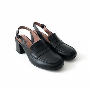 Miz Mooz Satire Black Leather Slingback Loafer Heels EU 39 Quiet Luxury